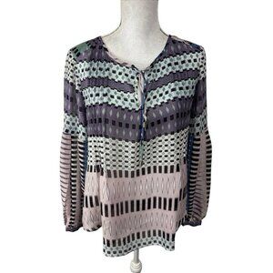 Hale Bob Women's S Silk Blouse Purple Multi Geometric Balloon Sleeve Chiffon EUC